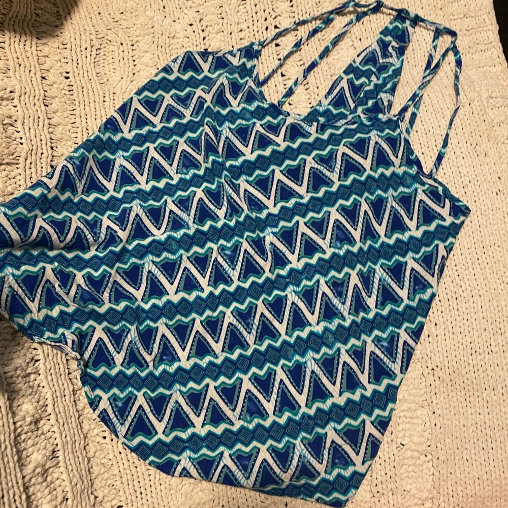 Boho blue and white print tanktop strappy beachy